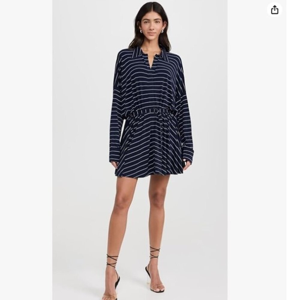 Norma Kamali Oversized Blue and White Striped Long Sleeve Mini Dress Size Large